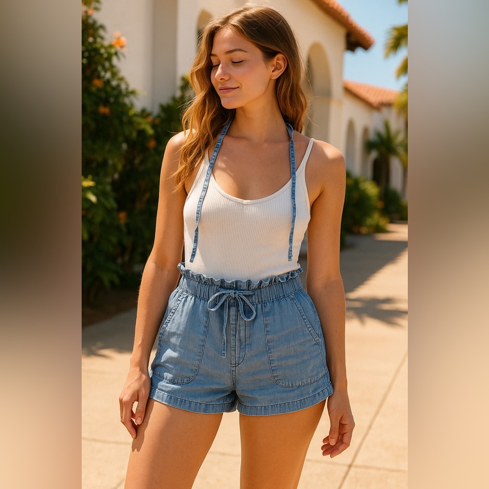 Jordache Loose and Light Denim-look Shorts.  Elastic Waist.  Ruffle Top.